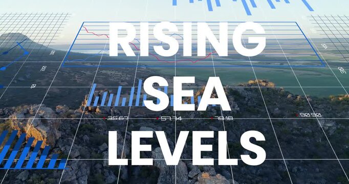Animation of rising sea levels over financial graph and cityscape