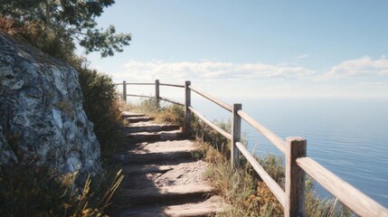 Obraz premium Wooden staircase leading down to the ocean. the staircase is made of stone and has a wooden railing on one side. the railing is attached to a rocky cliff on the left side of the image.