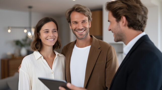 Insurance agent demonstrating mobile app with instant policy quotes to young couple in minimalist apartment, AI-powered recommendation engine visible on tablet screen, ideal for insurtech innovation