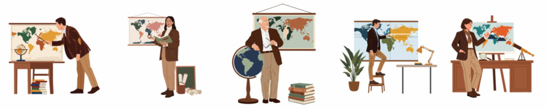 Collection of flat vector illustrations depicting teachers and geographers exploring world maps and globes in academic settings.