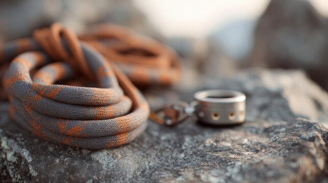Close-up of a rope and a metal ring on a rock. the rope is coiled up and appears to be made of a durable material, possibly nylon or polypropylene.