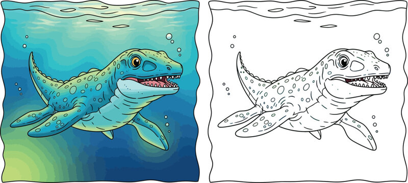 Cartoon Mosasaurus Swimming in Blue Ocean Fierce Prehistoric Marine Reptile Illustration