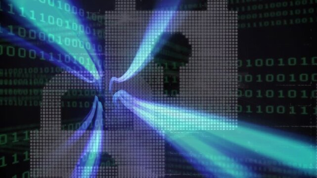 Animation of binary coding and data processing over navy background