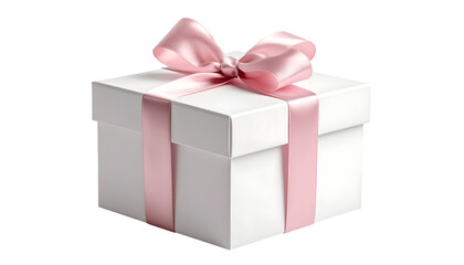 Fototapeta premium White square gift box with pink ribbon and bow on black backdrop, perfect for celebrations