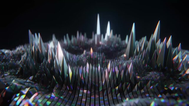 A mesmerizing fractal landscape of crystalline spikes under prismatic light effects