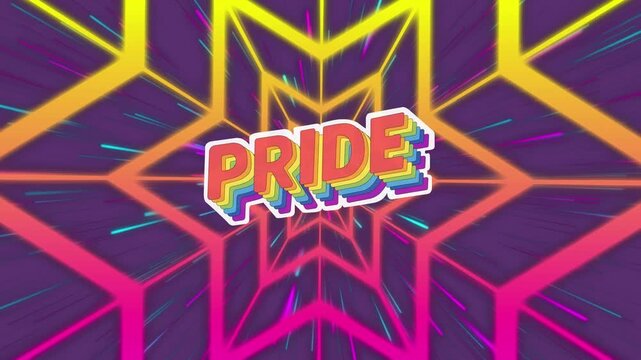 Rainbow pride text banner against floral design in seamless pattern on purple background