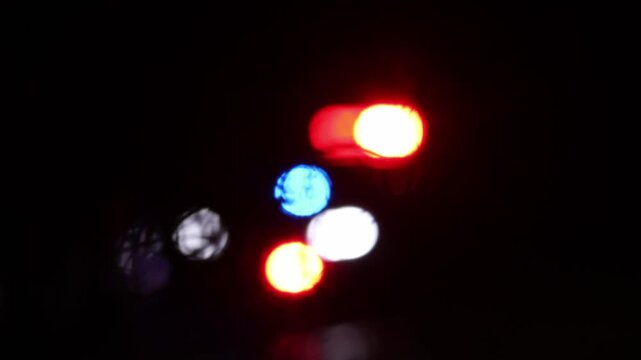 Blurred Police Car Emergency Lights Flashing at Night Behind Dark Tree Branches at a Crime Scene