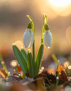 Snowdrop flowers blooming at sunrise early spring 朝日に咲くスノードロップ