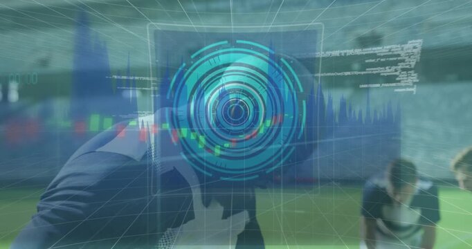 Animation of data processing and scope scanning over diverse rugby players at stadium