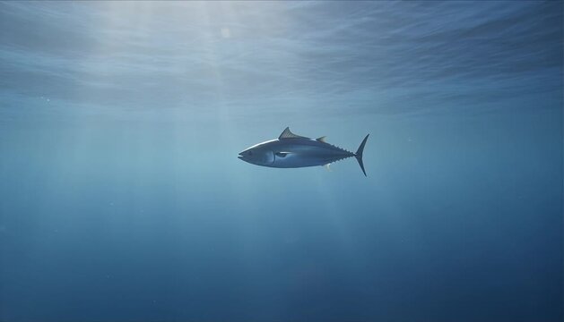 minimalist ocean scene with single tuna swimming in vast empty water and huge negative space for text perfect for world tuna day