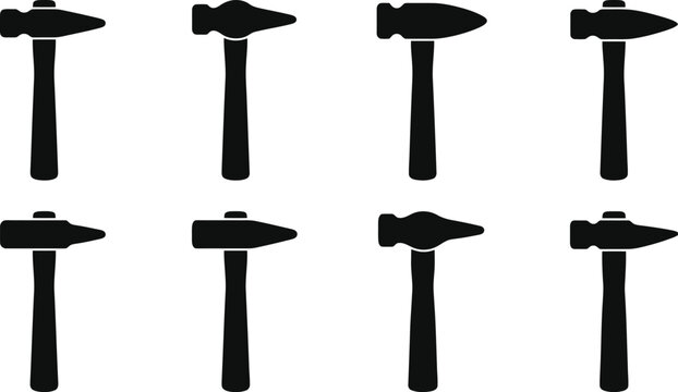 Assortment of Black Hammer Silhouettes on White Background tool striking