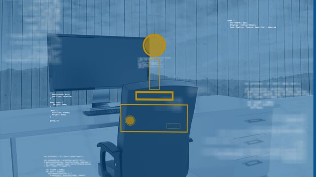Animation of retro joystick icon with data processing against chair and computer at office desk