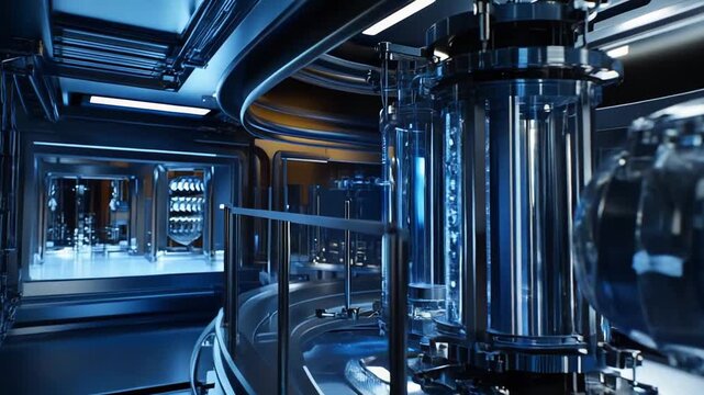 Futuristic research lab interior with advanced metallic machinery, cooling tubes and blue illumination, showcasing hi tech engineering, data driven experiments and industrial innovation