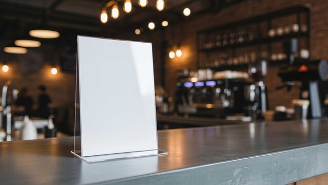 Blank white table tent mockup on a stylish cafe counter with warm ambient lighting and blurred coffee shop background, perfect for restaurant branding and menu presentation.
