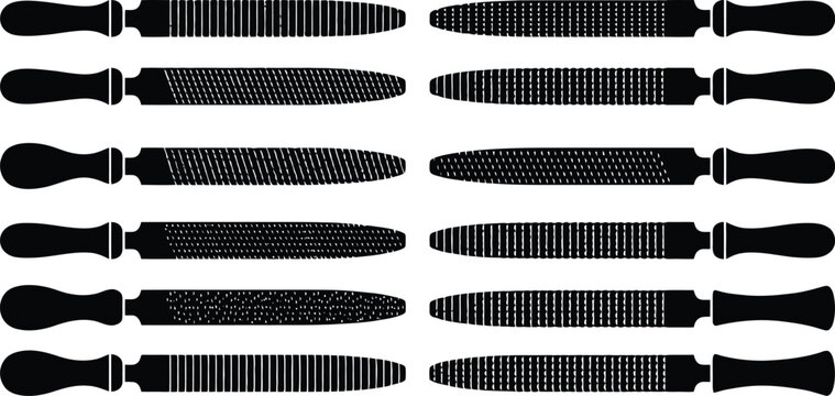 Assortment of Black Silhouettes of Files with Wooden Handles and Varied Rasping Surfaces tool woodworking