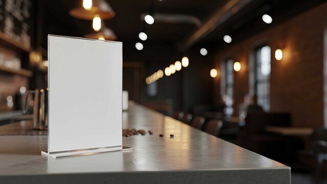 A blank white vertical table tent placeholder displayed on a polished smooth restaurant counter with a blurred cozy atmospheric cafe background perfect for showcasing custom marketing designs
