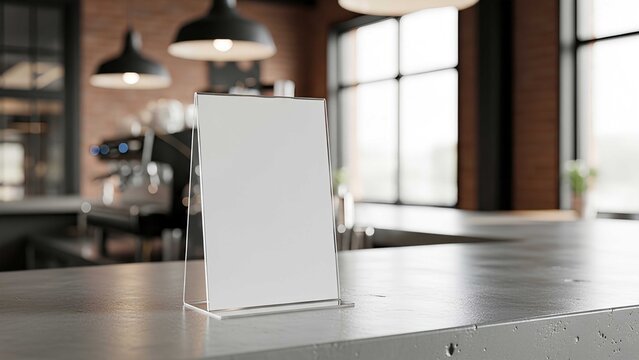 Blank white menu card mockup on cafe bar counter with blurred coffee shop interior background for food and drink promotion display presentation tabletop advertising template