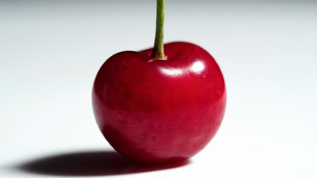 Close-Up of a Single Ripe Cherry With a Stem on a White Background