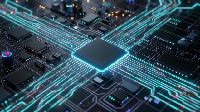 Close-up view of an illuminated electronic circuit board with a central processor chip.