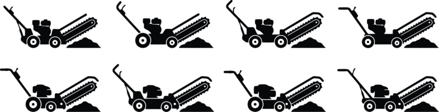 Black Silhouette Icons of Trenchers Digging in Soil machine construction