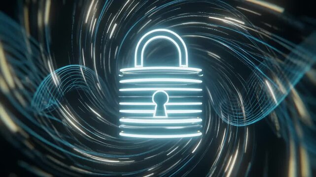 Digital security lock symbolizing protection in a futuristic data storm