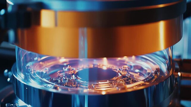 Quantum processor operating within a cutting edge scientific apparatus, generating bright blue and orange light, symbolizing innovation and high performance computing