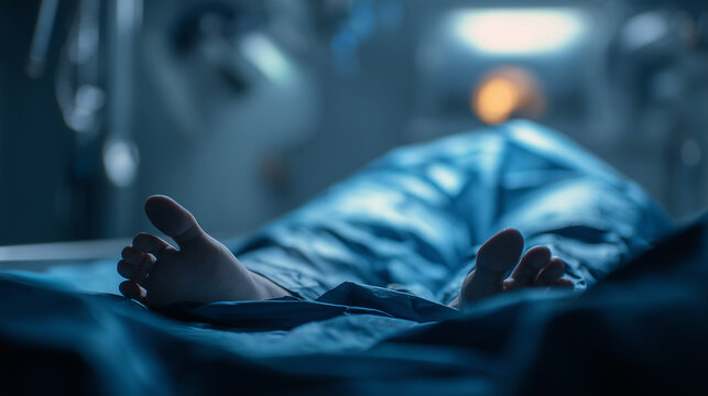 Covered body on hospital table, death scene, medical environment, forensic or morgue setting, dramatic lighting with focus on feet and sheet.
