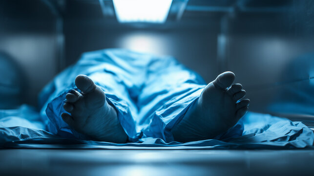 Covered body on hospital table, death scene, medical environment, forensic or morgue setting, dramatic lighting with focus on feet and sheet.