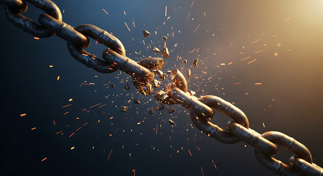 Broken chain link background dramatic rupture with sparks