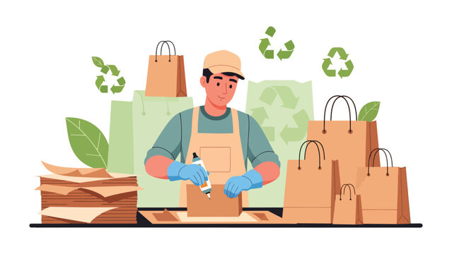Sustainable Packaging: An artisan carefully crafts eco-friendly packaging, surrounded by symbols of recycling and natural elements, showcasing a commitment to a greener future.