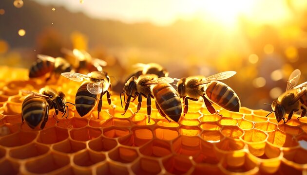 Close-up of honey bees diligently working on a golden honeycomb, bathed in warm sunlight, with visible drops of sweet honey.