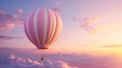 Obraz premium A stunning pink and white striped hot air balloon drifting in a soft purple daylight sky