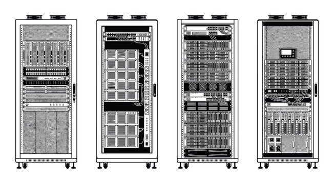 Server rack cabinets vector illustration with equipment inside, IT data center telecommunications server and networking