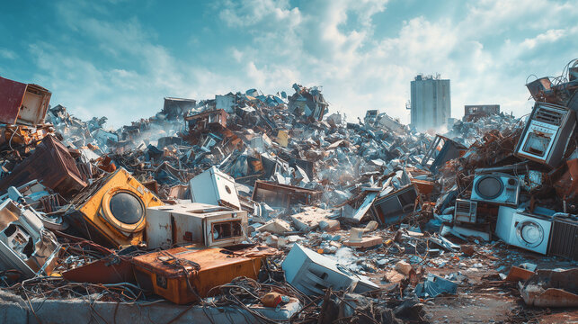 Pile of electronic waste and scrap metal, environmental pollution concept, discarded appliances and debris, recycling and sustainability issue.