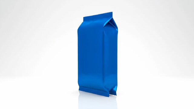Blank Blue Foil Snack Bag Rotating on White Background Seamless Loop