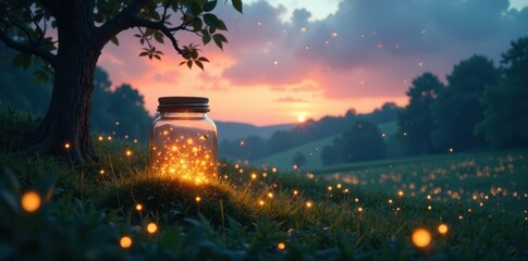 Obraz premium Enchanted meadow at dusk with fireflies in a magical jar, magic,