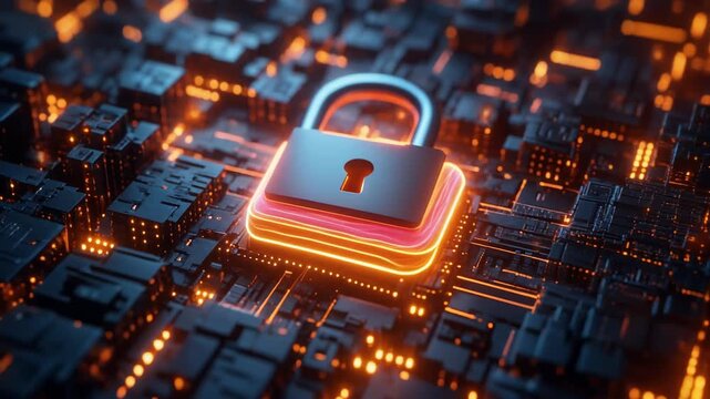 A futuristic digital cityscape secured with a glowing padlock symbolizing cybersecurity.