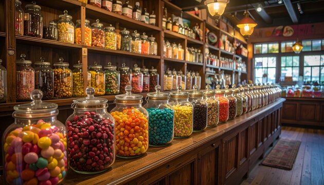 Colorful Candy Jars on Shelves in a Sweet Shop.