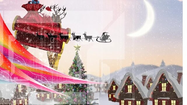Animation of christmas santa claus in sleigh with reindeer and snow falling and binary coding