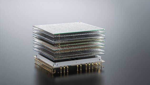 TSVで垂直接続された3D積層チップレットパッケージ断面, 3D Stacked Chiplet Package Cross-Section with Through-Silicon Via Interconnects