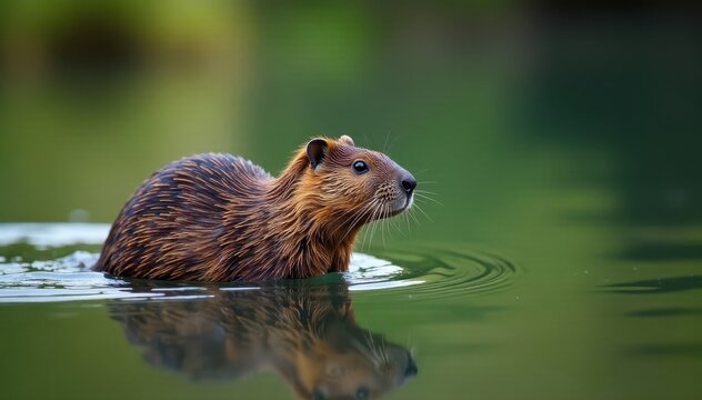 European beaver glides through calm river waters, Europe, river