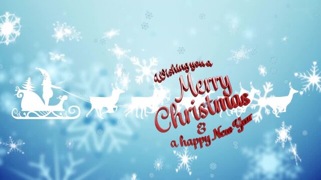 Animation of christmas season's greetings text, santa claus in sleigh with reindeer and snow falling