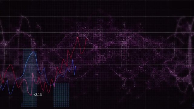 Animation of graphs and data processing over flag of france on black background