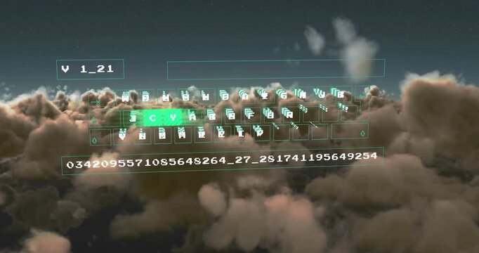 Animation of data processing on computer keyboard over clouds