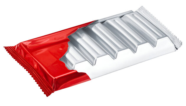 Partially unwrapped candy bar showing red foil and ribbed chocolate