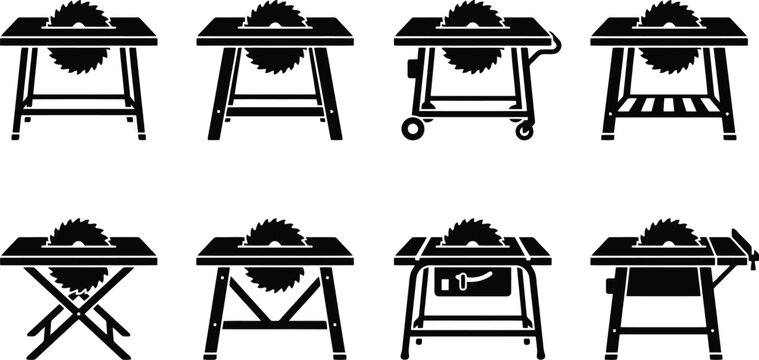 Collection of eight black silhouette icons of various table saws on a white background circular saw power tool