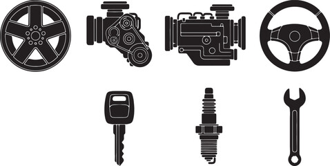 Obraz premium Black Solid Automotive Parts Silhouettes Set of Six on White Background