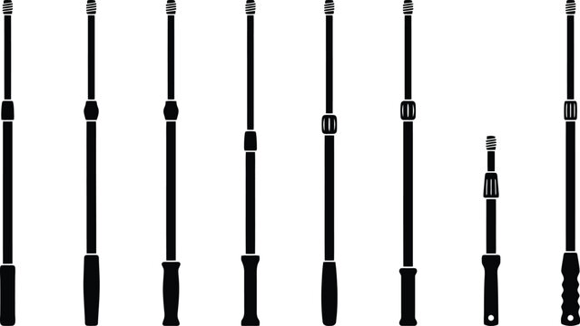 Collection of nine black silhouette icons of telescopic batons in various extended and retracted states