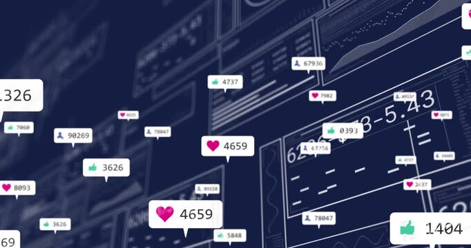 Animation of interface with data processing and social media icons against blue background