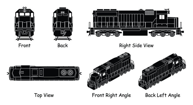 Train locomotive different views front, back, right, top, front right angle, and back left angle in black and white